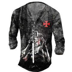 Open Placket Button Digital Printing Men's Long-sleeved T-shirt