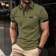 Men's Casual Polo Shirt Chest Faux Pocket Lapel Button Business T-shirt