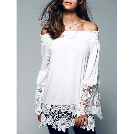 One-line Collar Solid Color Lace Nine-point Sleeve All-match Blouse