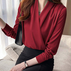 Business Shirt Niche Cross V-neck Long Sleeve All-match Satin Top