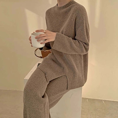 Autumn And Winter New Split Sweater Straight Loose Wide Leg Pants Two-piece Set