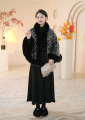 Sequined Fur Collar Knitted Inverness Women