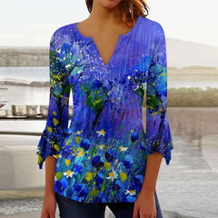 Floral Printed V-neck Flared Top