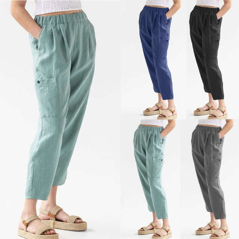 Loose High Waist Cotton And Linen Casual Pocket Casual Pants Women