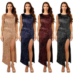 American Women's Clothing Pure Color Sequins Dress