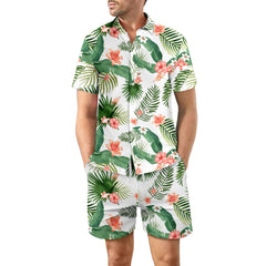 2Pcs Printed Beach Shirt Summer Suit Loose Lapel Button Top And Drawstring Pockets Shorts Casual Short Sleeve Suits For Men Clothing