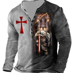 Open Placket Button Digital Printing Men's Long-sleeved T-shirt