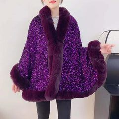 Sequined Fur Collar Knitted Inverness Women