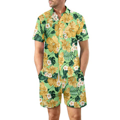 2Pcs Printed Beach Shirt Summer Suit Loose Lapel Button Top And Drawstring Pockets Shorts Casual Short Sleeve Suits For Men Clothing