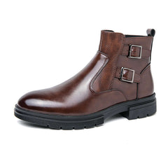 High-top British Double Buckle Slip-on Leather Boots 2023 Autumn And Winter