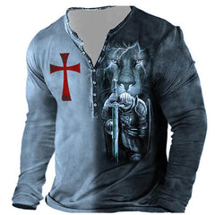 Open Placket Button Digital Printing Men's Long-sleeved T-shirt