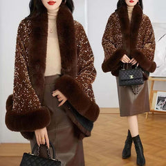 Sequined Fur Collar Knitted Inverness Women