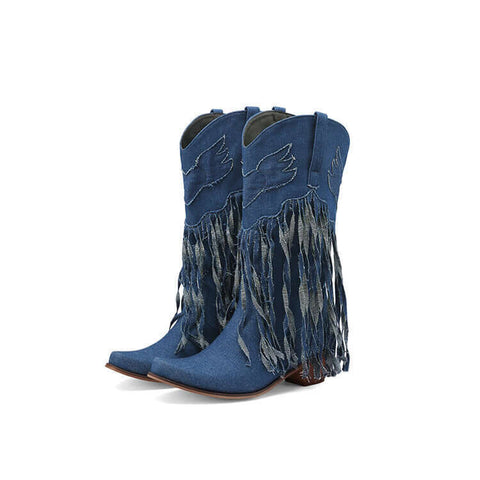 Denim Embroidered Tassel Blue Pointed Toe Chunky Heel Mid Heel Long Tube