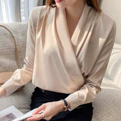 Business Shirt Niche Cross V-neck Long Sleeve All-match Satin Top