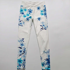 Women's Blue Flower Printed Hip Lifting Tight Pants