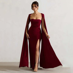 American Square Collar Mop Long Sleeve High Slit Solid Color Dress