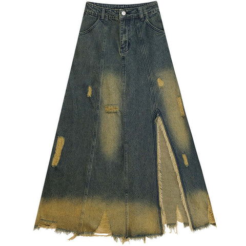 High Waist Mid-length Make Old Ripped Split Denim Skirt