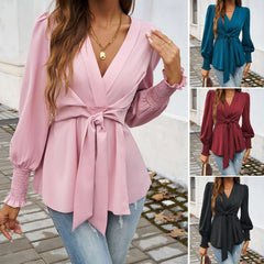 Autumn And Winter Temperament Leisure V-neck Solid Color Long-sleeved Top