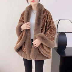 Sequined Fur Collar Knitted Inverness Women