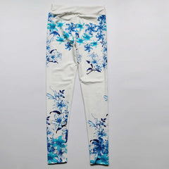 Women's Blue Flower Printed Hip Lifting Tight Pants