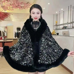 Sequined Fur Collar Knitted Inverness Women