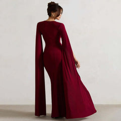 American Square Collar Mop Long Sleeve High Slit Solid Color Dress