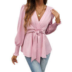 Autumn And Winter Temperament Leisure V-neck Solid Color Long-sleeved Top