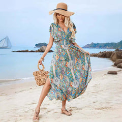 American V-neck Backless Rayon Printed Ruffled Short Sleeves Dress