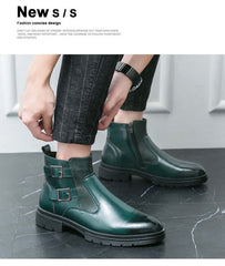 High-top British Double Buckle Slip-on Leather Boots 2023 Autumn And Winter