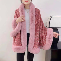 Sequined Fur Collar Knitted Inverness Women