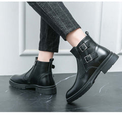 High-top British Double Buckle Slip-on Leather Boots 2023 Autumn And Winter