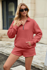 Casual Sweatshirt Suits Lapel Zipper Long Sleeve Top With Pocket And Elastic Shorts Fashion Loose Sports Set Outfits Womens Clothing