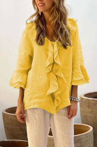 Fashion V-neck Ruffled Sleeve Ruffled Loose Casual