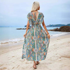 American V-neck Backless Rayon Printed Ruffled Short Sleeves Dress