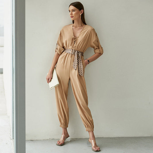 Fashion Offtheshoulder Loose Chiffon Western Style Lolita Tie Solid Color Shortsleeved Jumpsuit