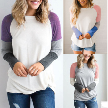 Women Long Sleeve T-shirt Casual O Neck Patchwork Gray White Tops Tees Female Autumn Fashion New Clothing Dropshipping