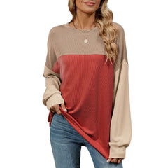 Fashion Contrast-color Round Neck Long Sleeve T-shirt Casual Pullover Top For Womens Clothing