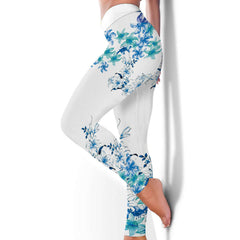 Women's Blue Flower Printed Hip Lifting Tight Pants