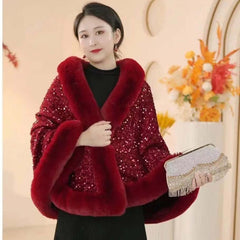 Sequined Fur Collar Knitted Inverness Women