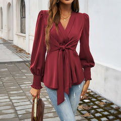 Autumn And Winter Temperament Leisure V-neck Solid Color Long-sleeved Top