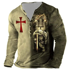 Open Placket Button Digital Printing Men's Long-sleeved T-shirt