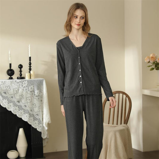 Homewear With Braces Cardigan French Style Three-piece Pajamas For Women