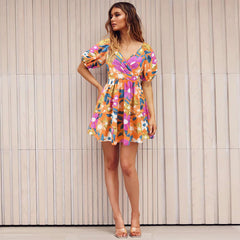 Flowers Print V-Neck Lantern-sleeve Dress Y2K Summer Vacation Beach Short Dresses Fashion Womens Clothing