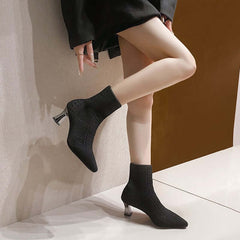 Knitted Sock Boots Women's Plus Size Short Pointed Chunky Heel