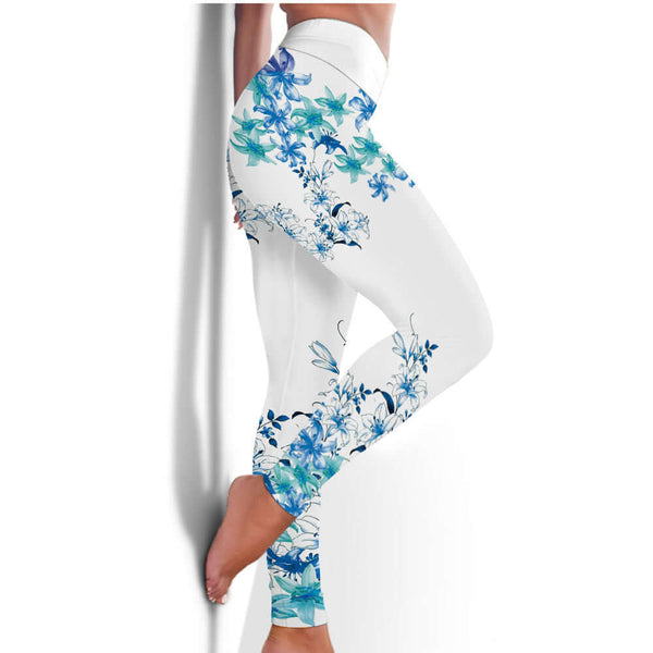 Women's Blue Flower Printed Hip Lifting Tight Pants