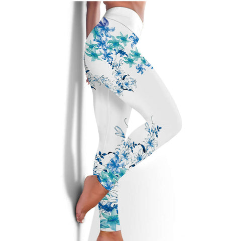 Women's Blue Flower Printed Hip Lifting Tight Pants