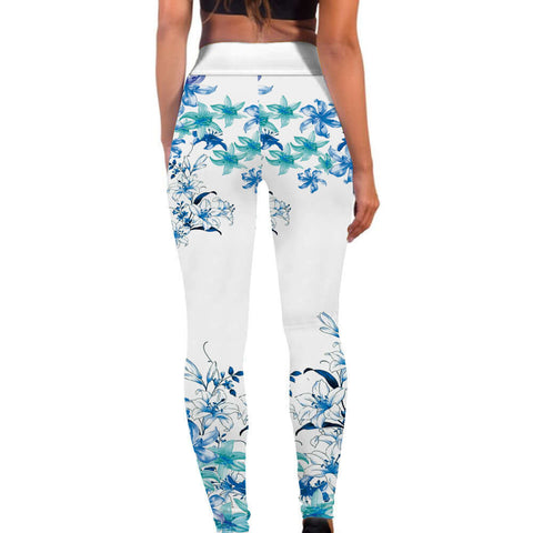 Women's Blue Flower Printed Hip Lifting Tight Pants