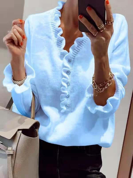 Long Sleeved Ruffled Women's Knitted Sweater