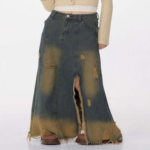 High Waist Mid-length Make Old Ripped Split Denim Skirt