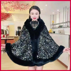 Sequined Fur Collar Knitted Inverness Women